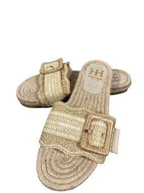 Haute Hippie Beige Raffia Slide Sandals With Buckle Detail Womens Size 9 boho